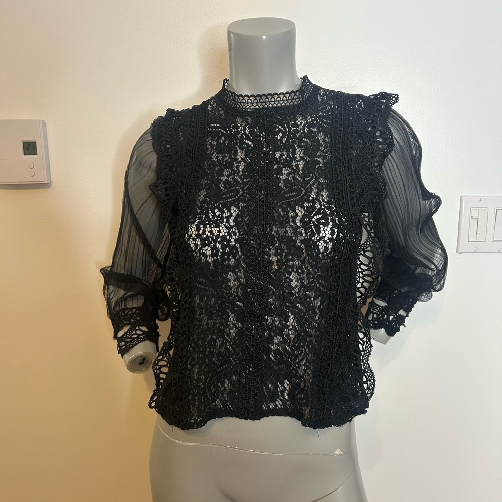 Elegant Black Lace Blouse with Ruffled and mesh Sleeves❤️S